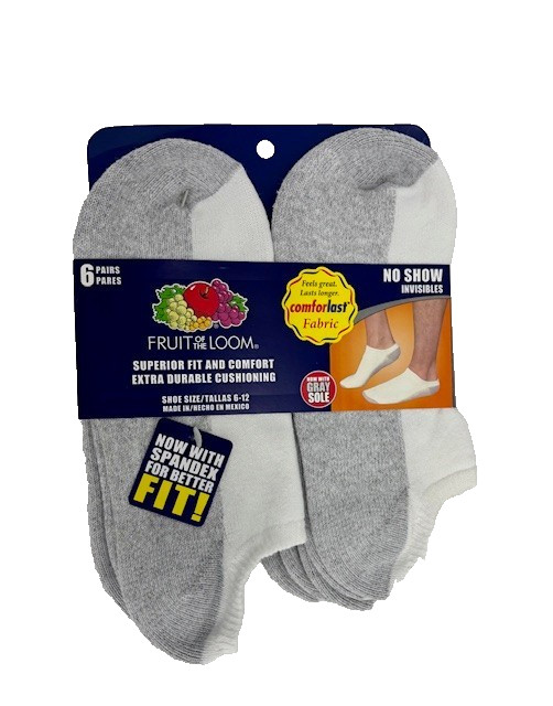 fruit of the loom 6 pack mens no show invisibles size 6-12