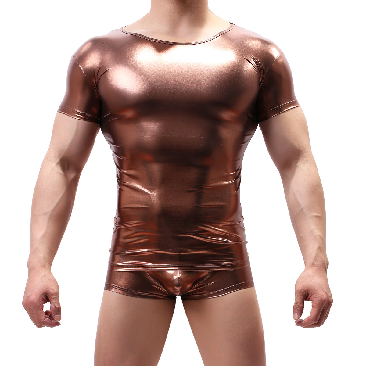 Mens Undershirts Shiny PU Leather Wet Look Short Sleeve Shirts Boxer Shorts Suit gallery