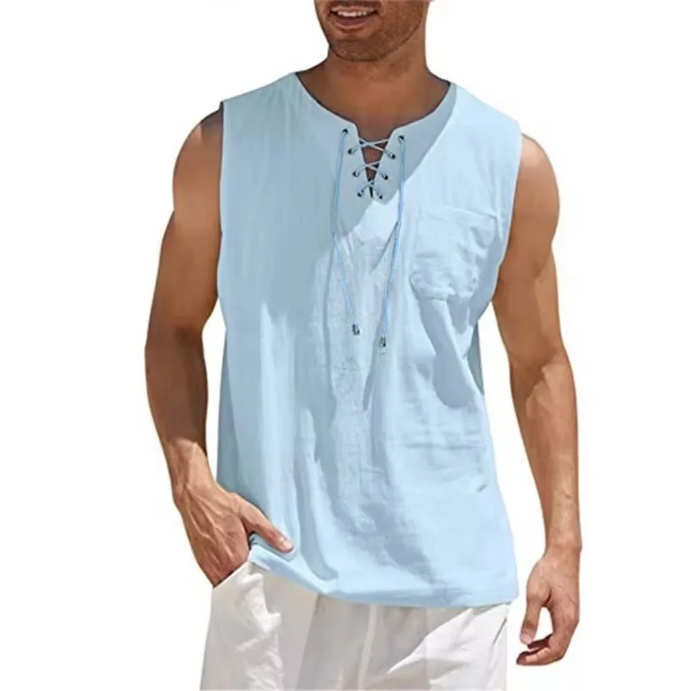 Men's Cotton Linen Sleeveless Lace Up Shirt Casual Retro V Neck Loose Tank Top V gallery