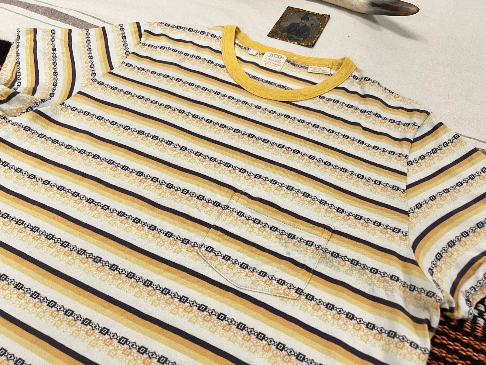 LVC T-Shirt L Levi's Vintage Clothing Casuals Yellow Ringer Fancy Stripe Rare gallery