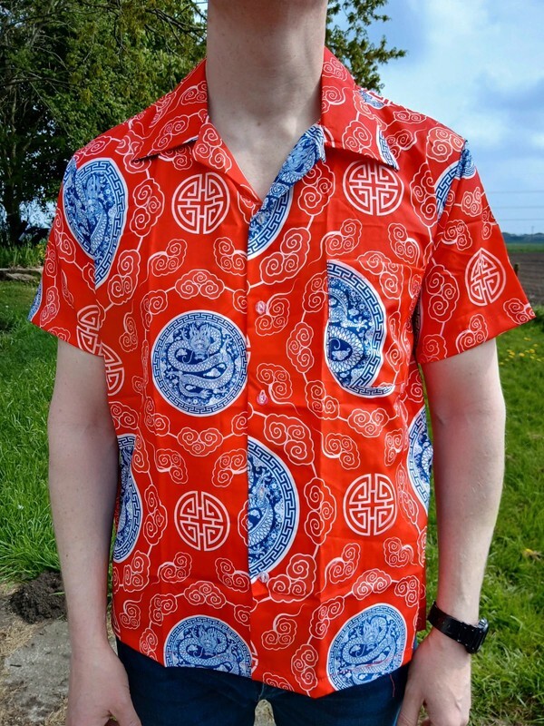 Mens Red Blue Chinese Dragon Hawaiian Summer Travel T Shirt Short Sleeve Size XL gallery