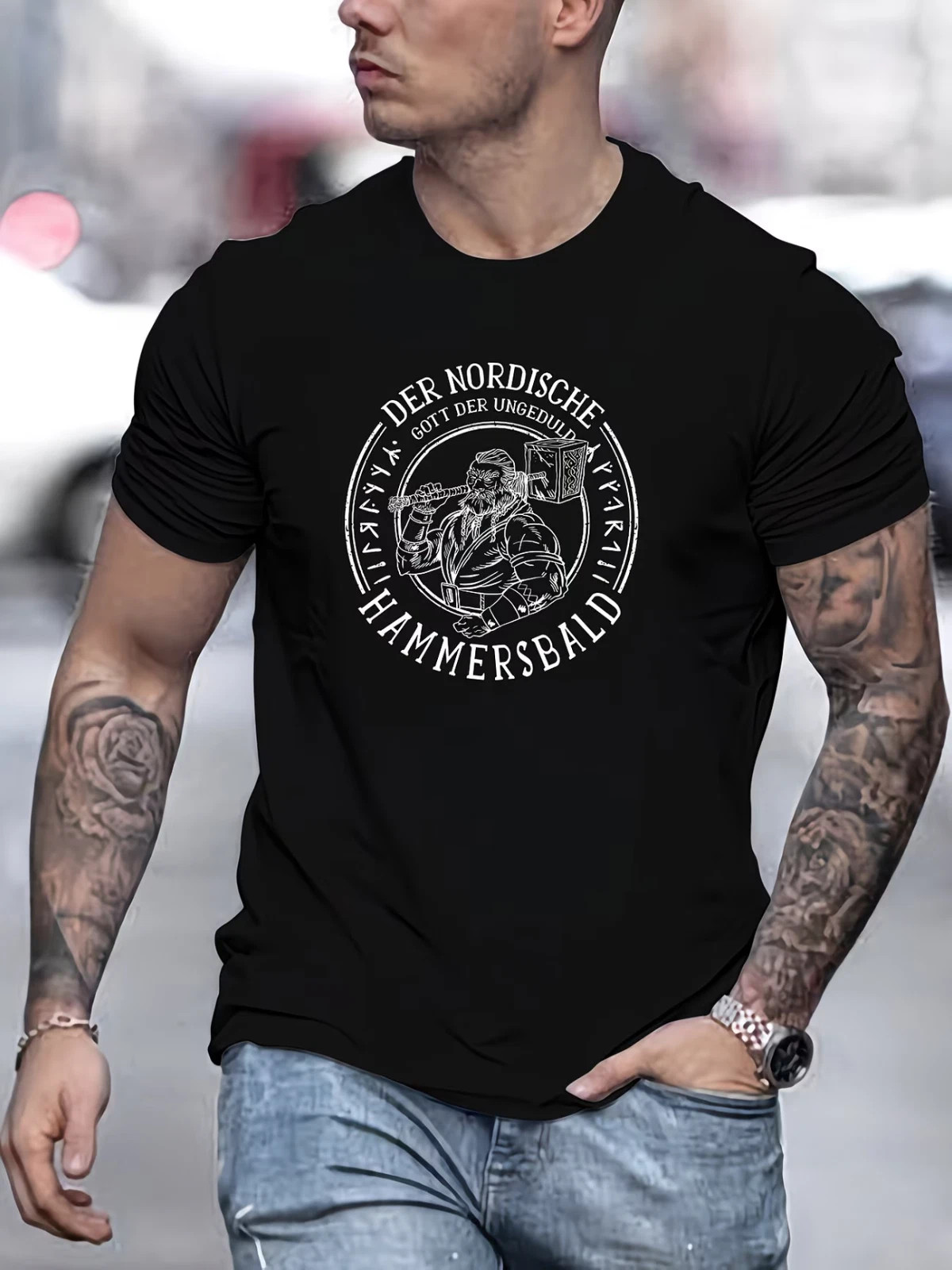 Mens Nordic Hammer Graphic T Shirt Casual Short Sleeve Viking Pattern Tee gallery