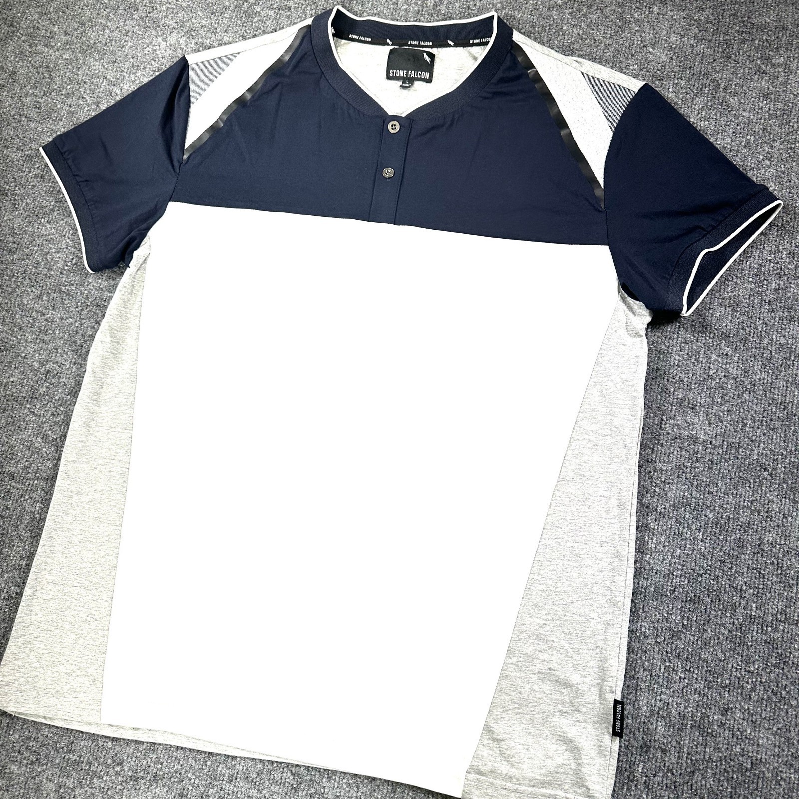 Stone Falcon Shirt Men's Large Navy Gray Henley Blade Collar Stretch Casual Golf gallery