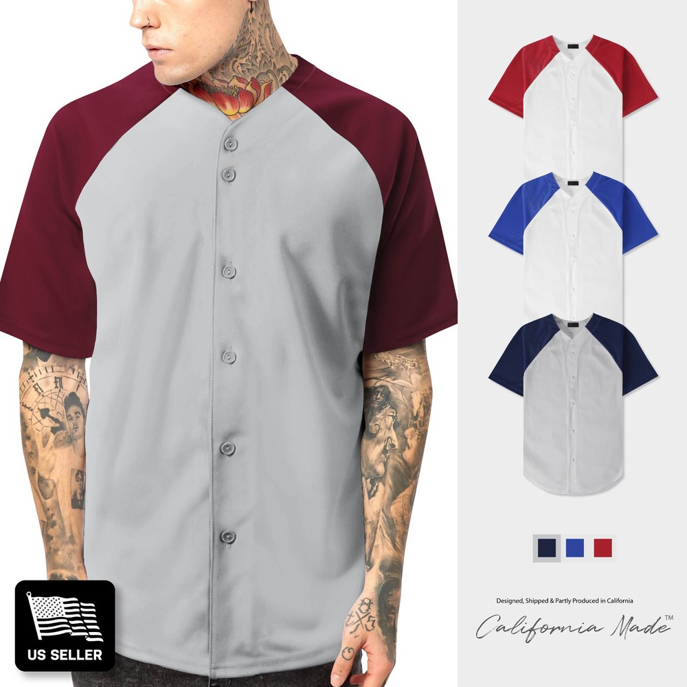 Mens Raglan Baseball Jersey Button Down Tee Sport Fit Two Tone Team Hip Hop