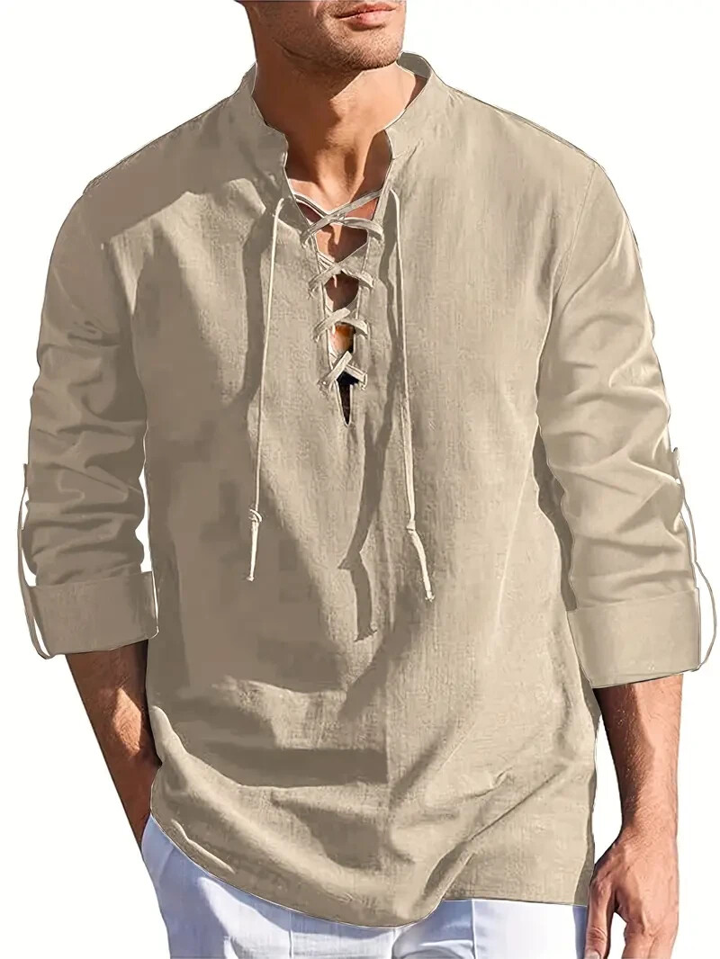 Men's Casual Long Sleeve Henry Shirt Lace-Up Stand-Up Collar Cotton Linen Blouse gallery