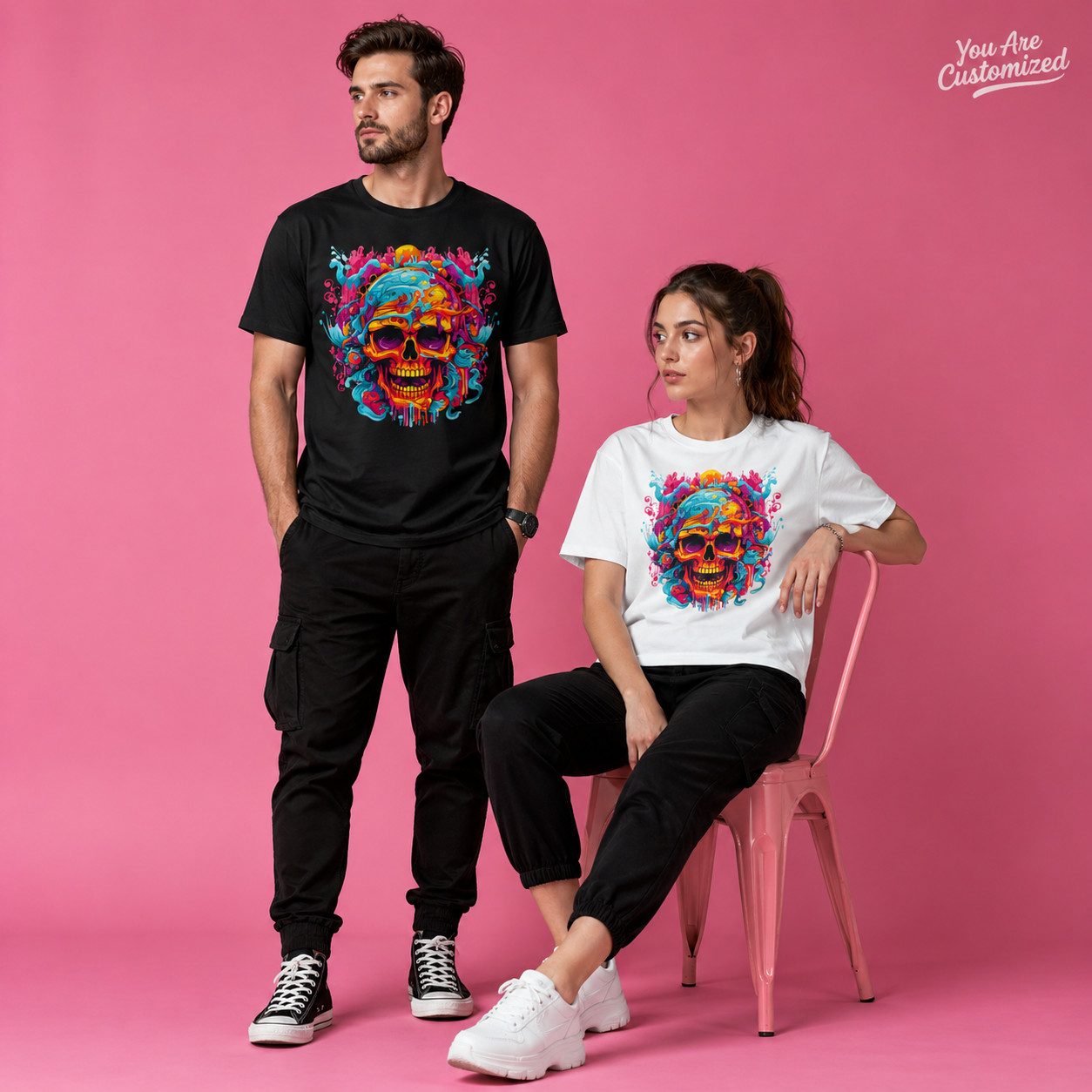 Colorful Skull Graphic T-Shirt Black or White Unisex Streetwear Art Tee gallery