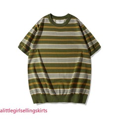 Retro Men’s Amekaji Knitted Striped Tee-Shirts Casual Lyoce Short Sleeve Shirt