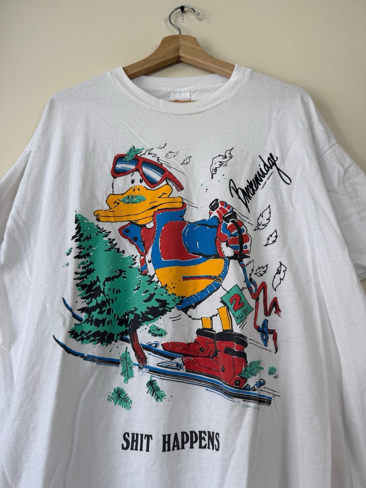 Vintage 80’s Breckenridge CO Sh*t Happens Duck Skiing Funny White Tee - XL/XXL gallery