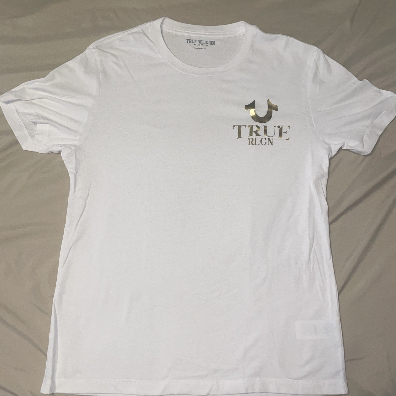 TrueReligion Tshirt Mens•M White Gold Monk Buddha Embossed Logo Graphic CrewNeck gallery