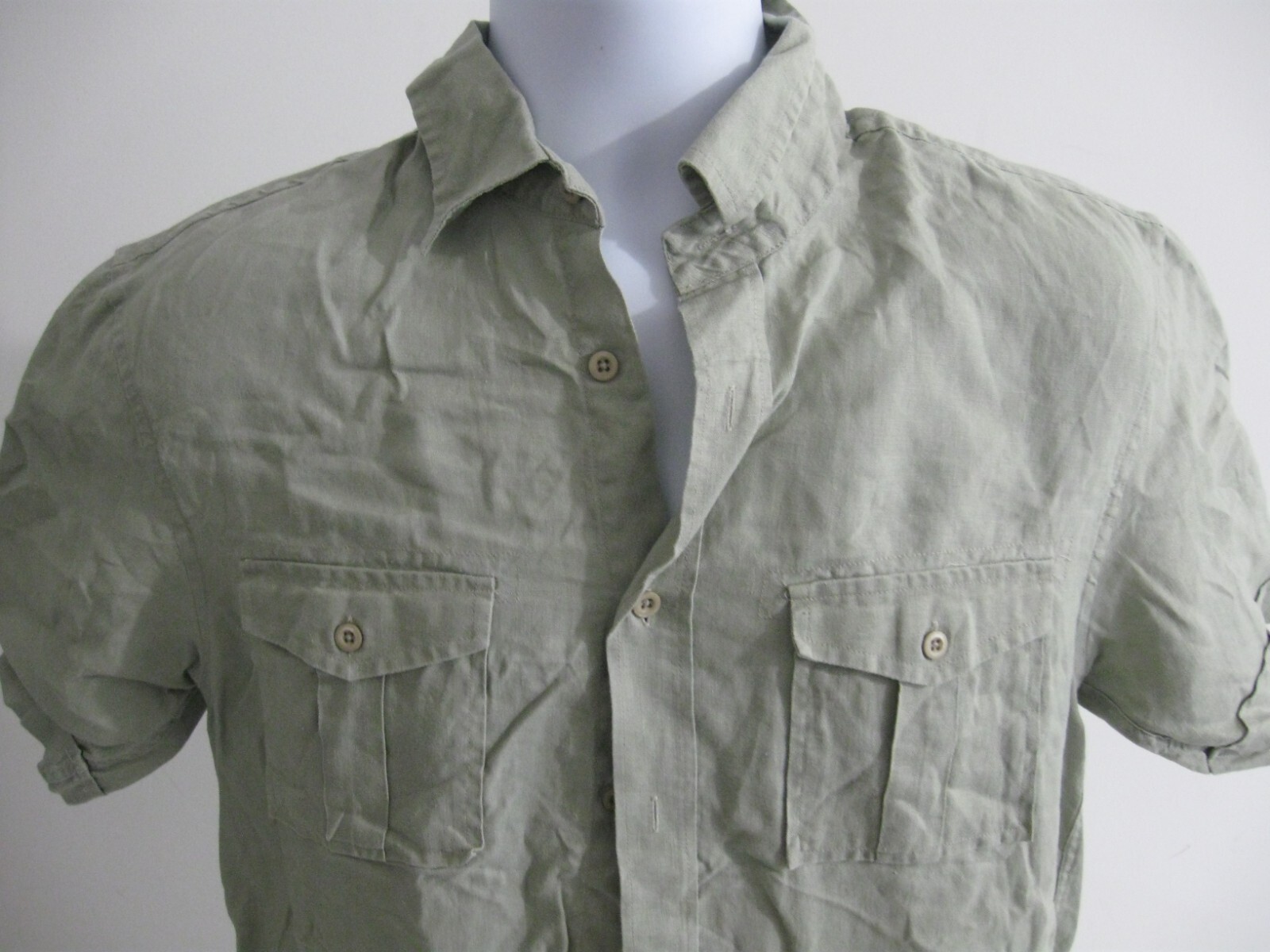 GEORGE MENS PURE 100% LINEN KHAKI GREEN CAMPING SHIRT SMALL S gallery