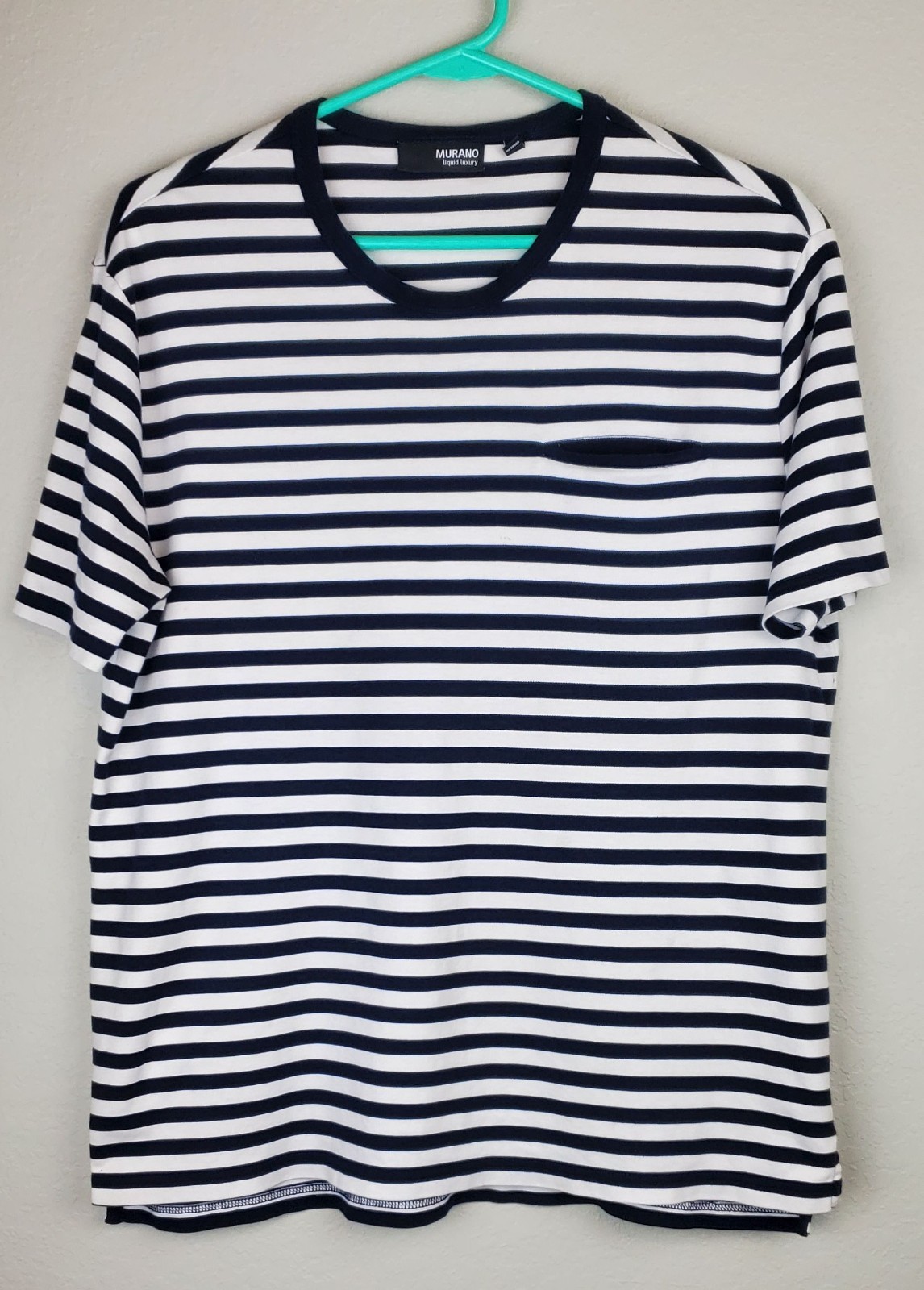 Murano Liquid Luxury Men’s Large Black White Striped Pocket T-Shirt 100% Cotton