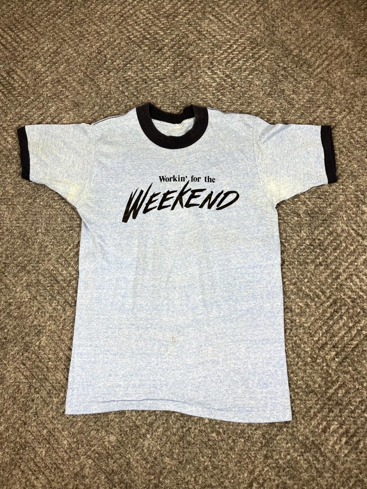 Vintage 70's Workin For The Weekend T Shirt Adult Small Blue Funny Ringer gallery