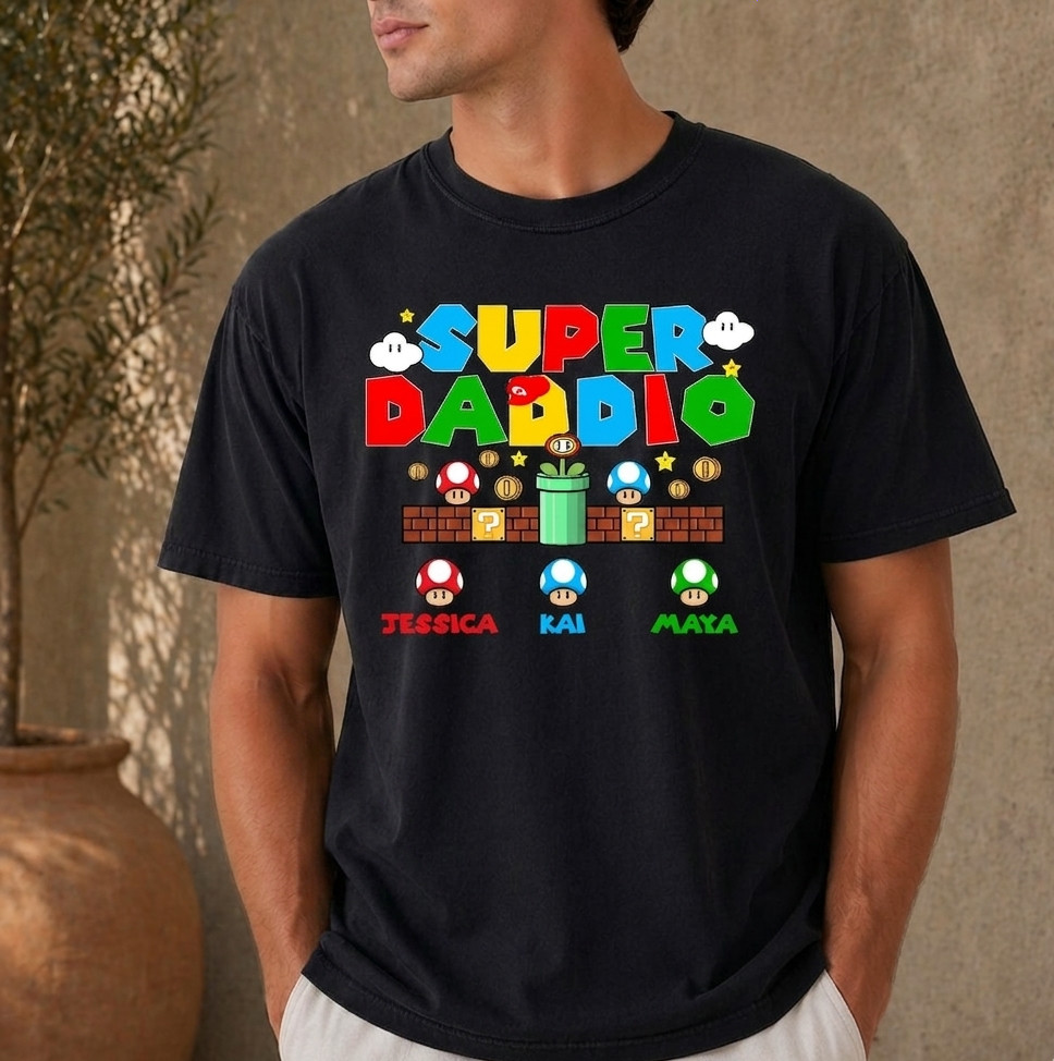 Custom Super Daddio Shirt Kids Name Dad Father’s Day Gift Tee