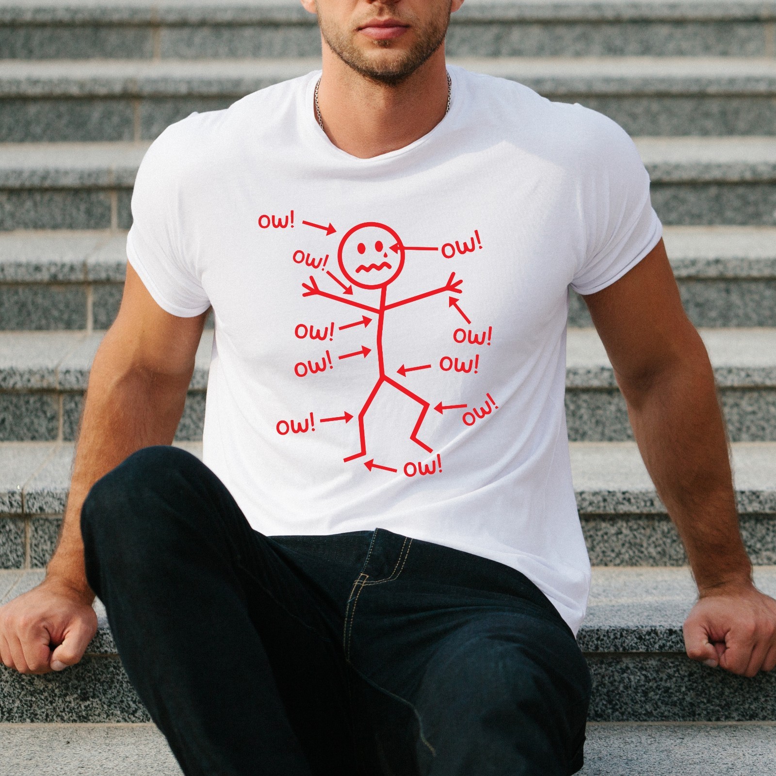 Funny Stick Figure 'Ow' T-Shirt Sarcastic Pain Humor Graphic T Shirt Unisex Tee gallery