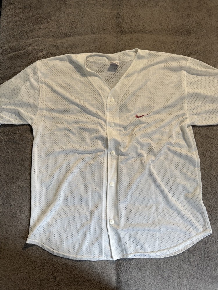 Vintage 90s Nike Mesh Baseball Jersey Button Up White Red Swoosh Made in USA XL