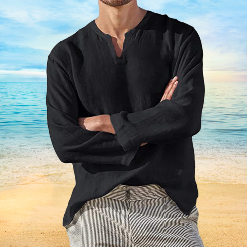 Men's Shirt Long Sleeve Cotton Linen T-shirt V-Neck Solid Breathable Casual NEW gallery