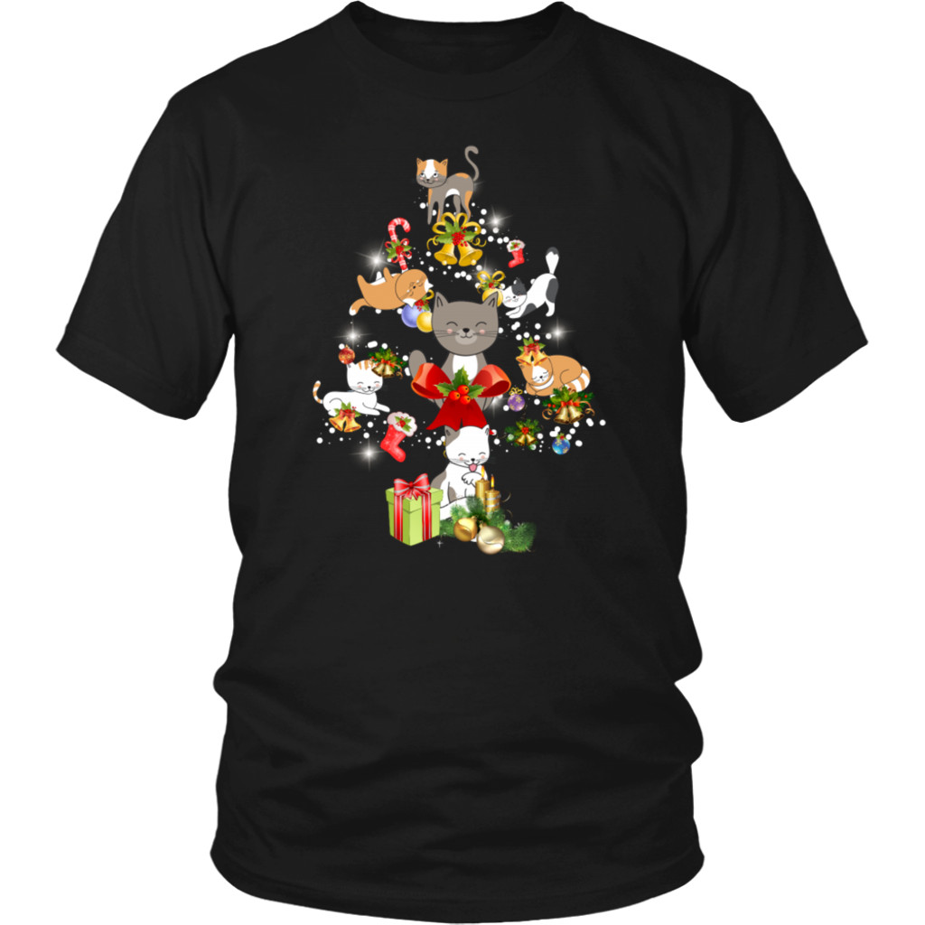 Cat Christmas Tree Tee Shirt Black Men S M L 234XL