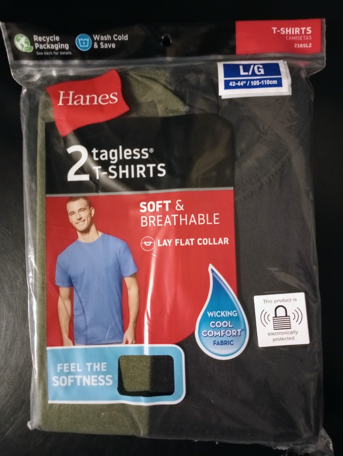 2 Pack Mens Hanes Tagless Tshirts Size LARGE Soft & Breathable Wicking Fabric