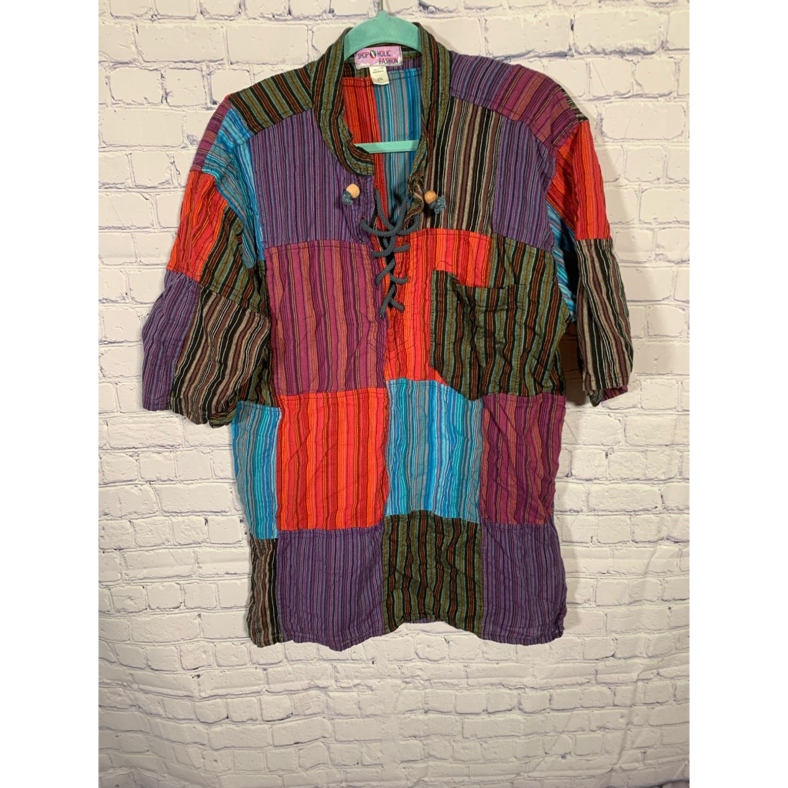 Mens Patchwork Short Sleeve Shirt Lace Up Front Multi XXL Festival Boho Hippie gallery