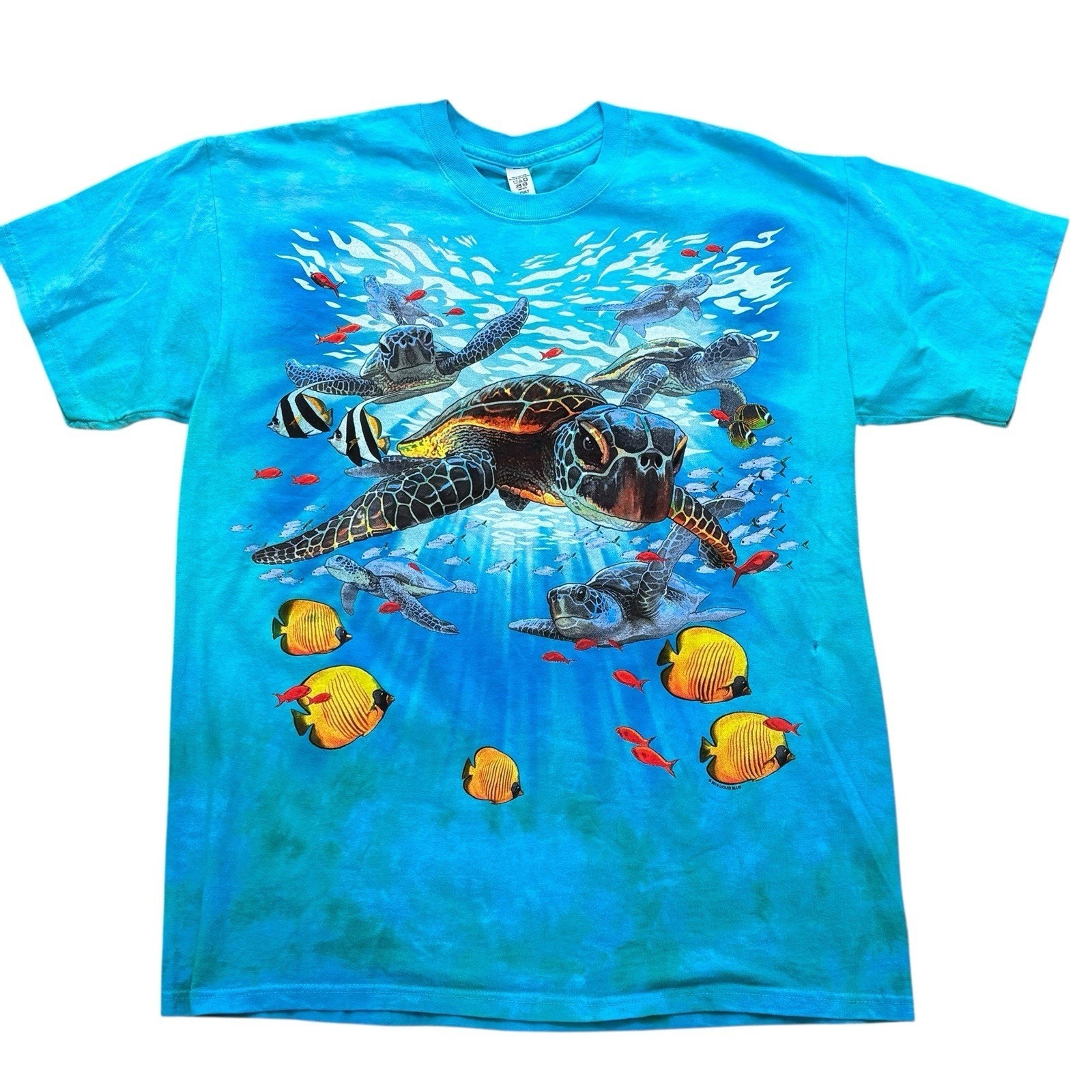 Liquid Blue Sea Turtles Aquatic Nature Blue Cotton Graphic Tee Men’s Size Large