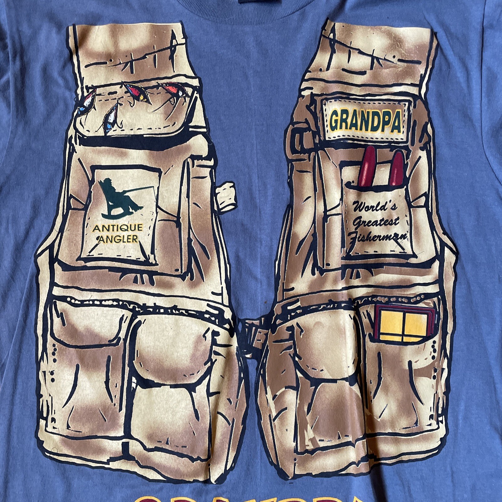 Vtg TSI Mens Large Blue Graphic Print T-Shirt Grandpa Worlds Greatest Fisherman gallery