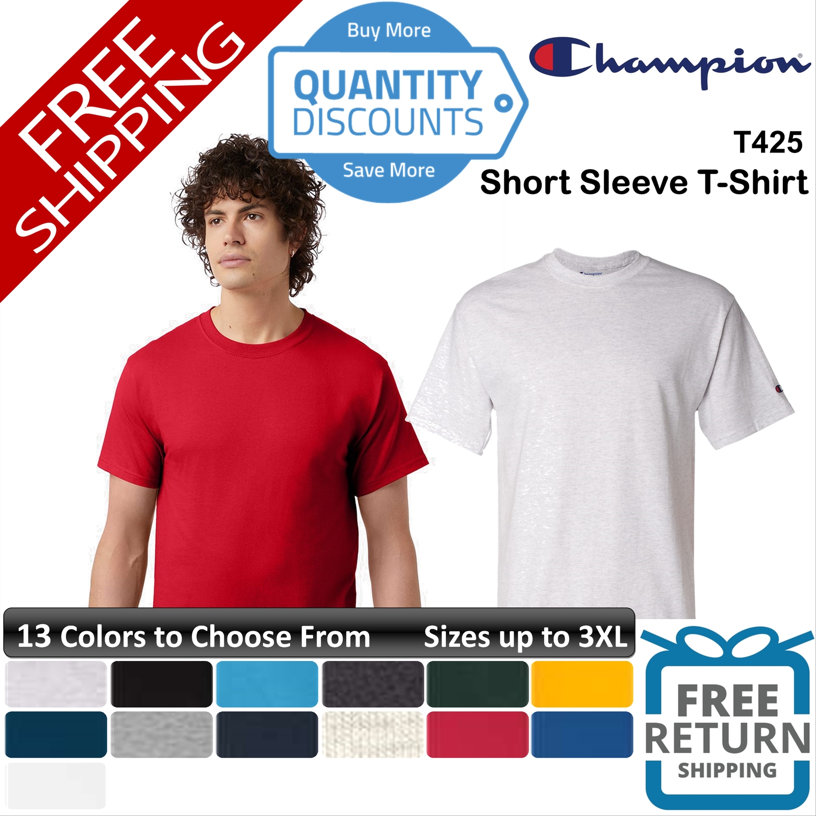 🔥 Champion Men Short Sleeve Cotton Jersey New Crewneck T-shirt Up To 3XL T425 gallery