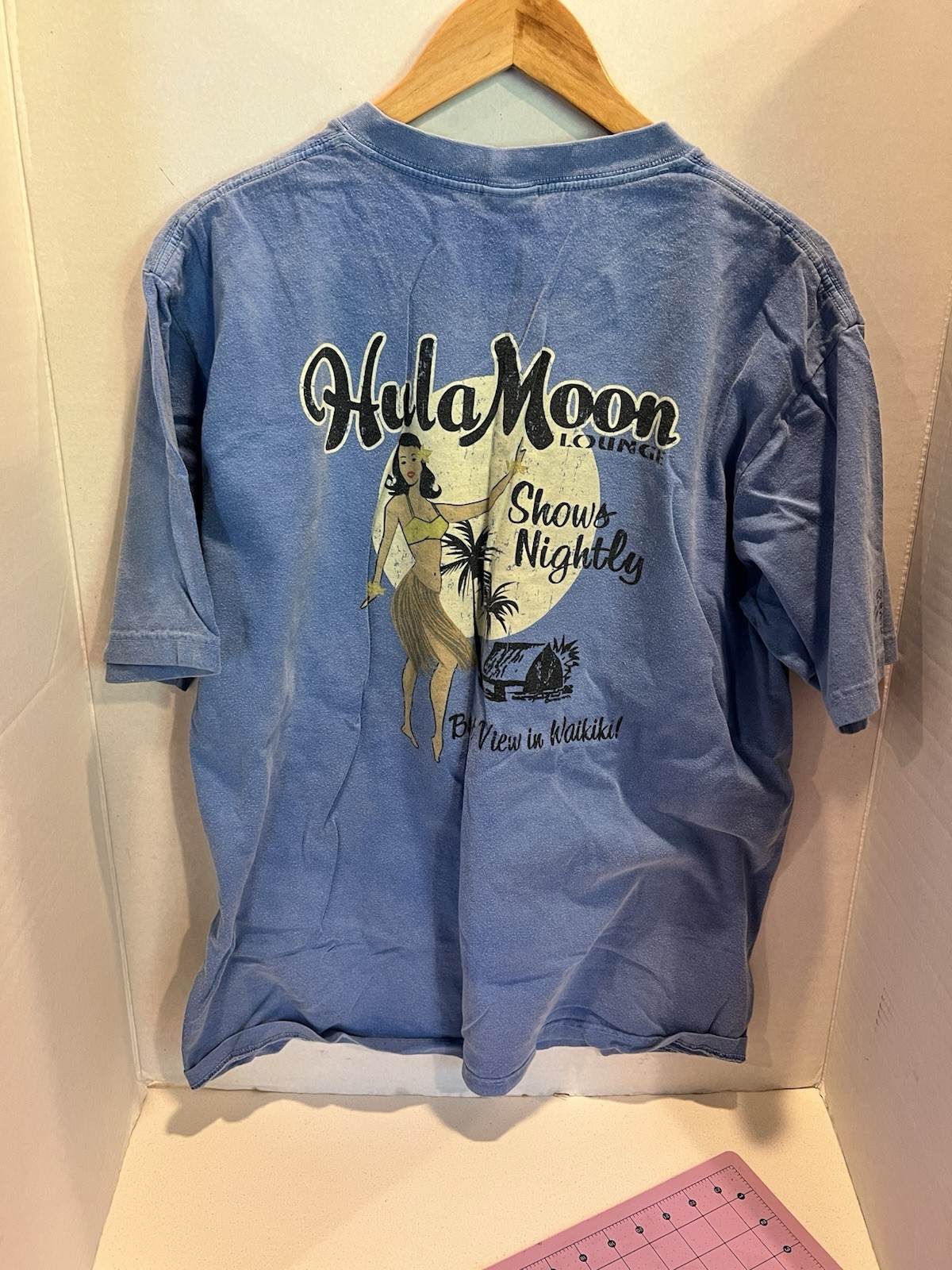 Vintage Hawaiian Crazy Shirts L Large Hula Moon Beach Dancer Palm Tree Blue gallery