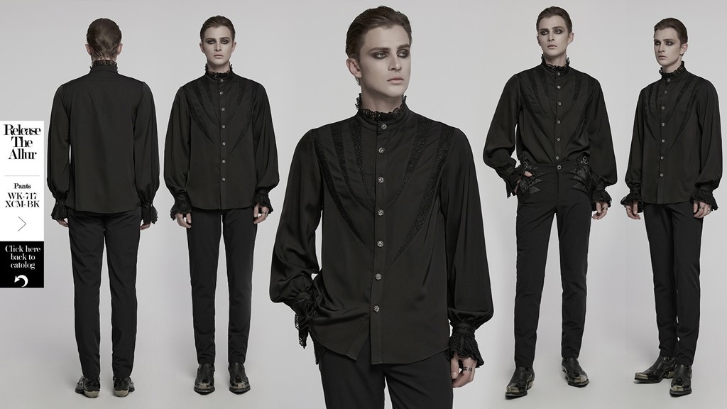 Punk Rave Men Black Gothic Punk Vintage Lace Splicing Shirt Loose Blouse gallery