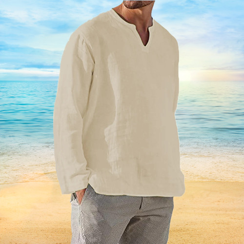 Men's Shirt Long Sleeve Cotton Linen T-shirt V-Neck Solid Breathable Casual NEW gallery