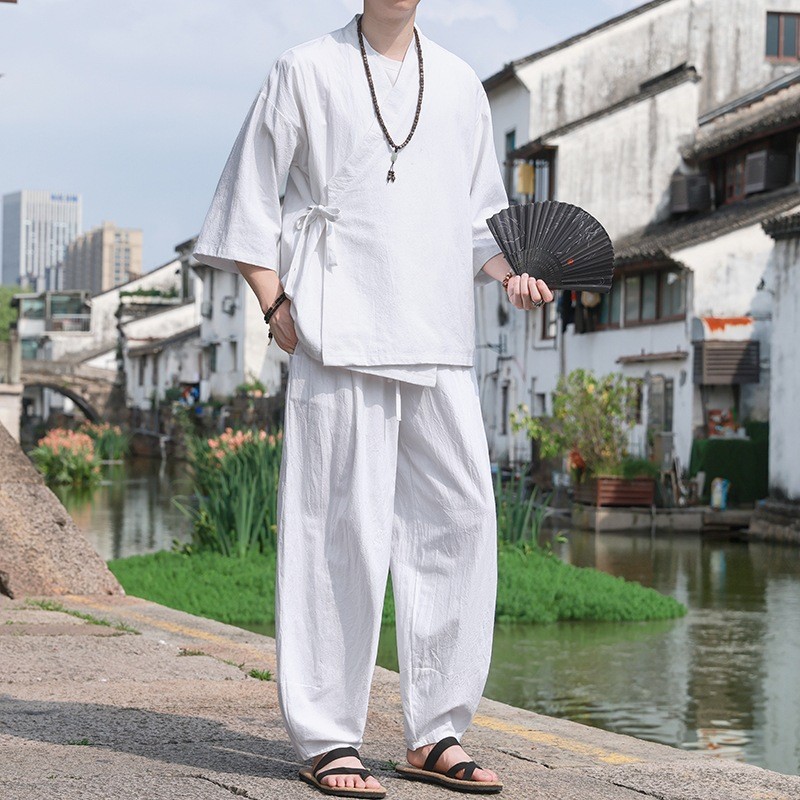 Retro Chinese Style Men’s 3/4 Sleeve Shirt Top Ankle Pants Casual Loose 2pcs Set