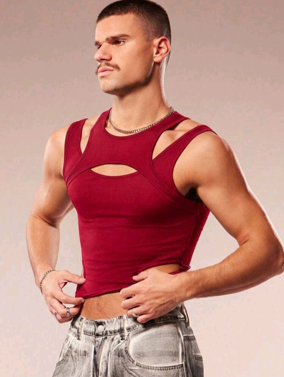 FeverCity Men's Solid Color Crew Neck Sleeveless Hollow Out Slim Fit gallery