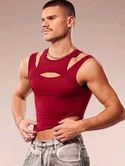 FeverCity Men’s Solid Color Crew Neck Sleeveless Hollow Out Slim Fit