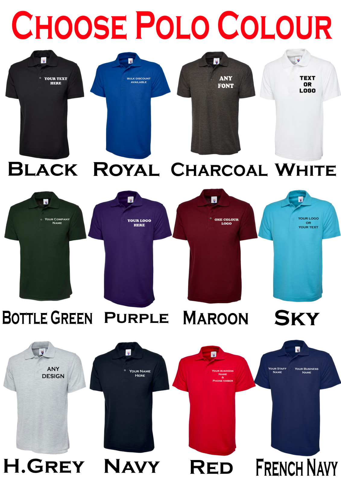 Personalised Custom Printed Polo Shirt Uneek your text logo unisex workwear top gallery