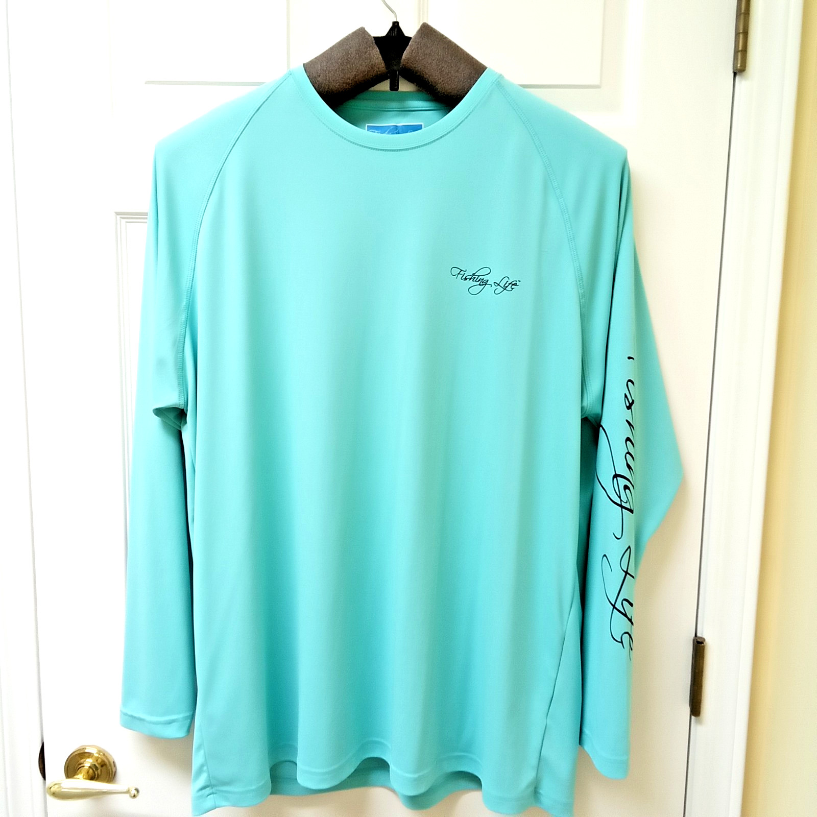 Mens Fishing Life T Shirt 2XL Aqua Blue Long Sleeve Tee Graphic Boating Angler