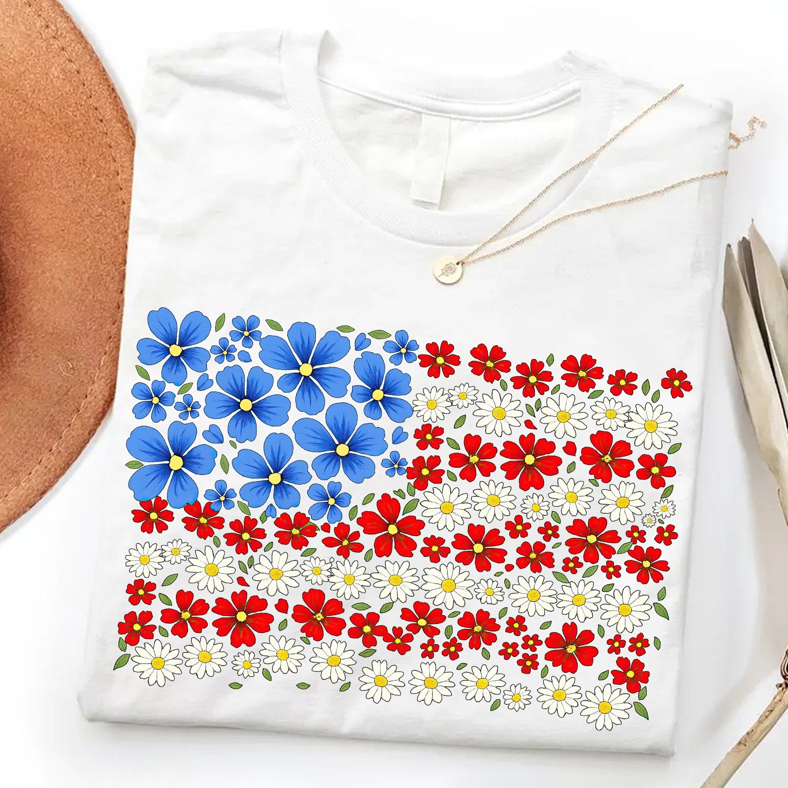 Floral American Flag Shirt 4th of July Patriotic Wildflower USA 250th Unisex Tee gallery