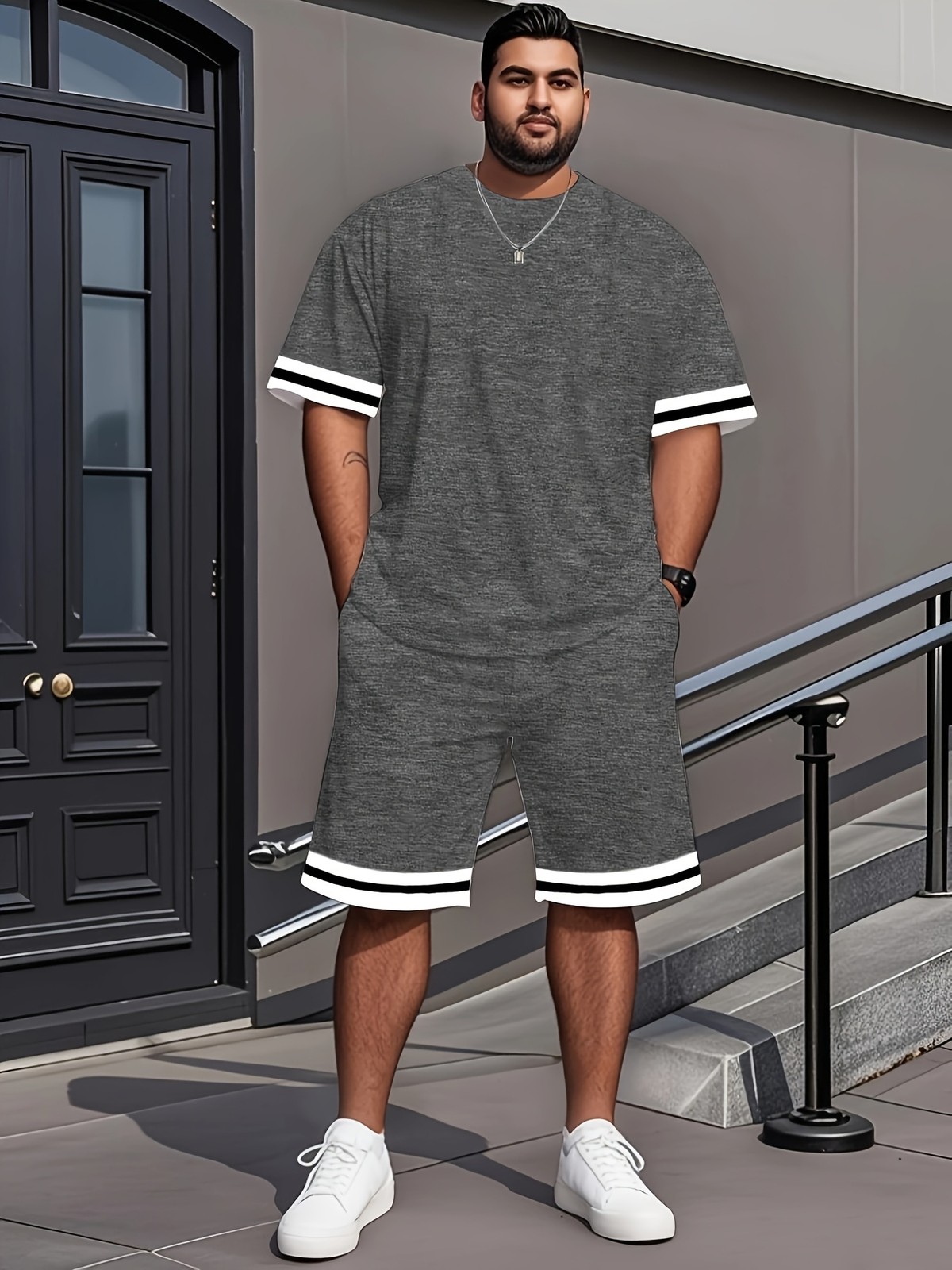 Plus-size men's T-shirt set, casual style, crew neck, short-sleeved, shorts set gallery