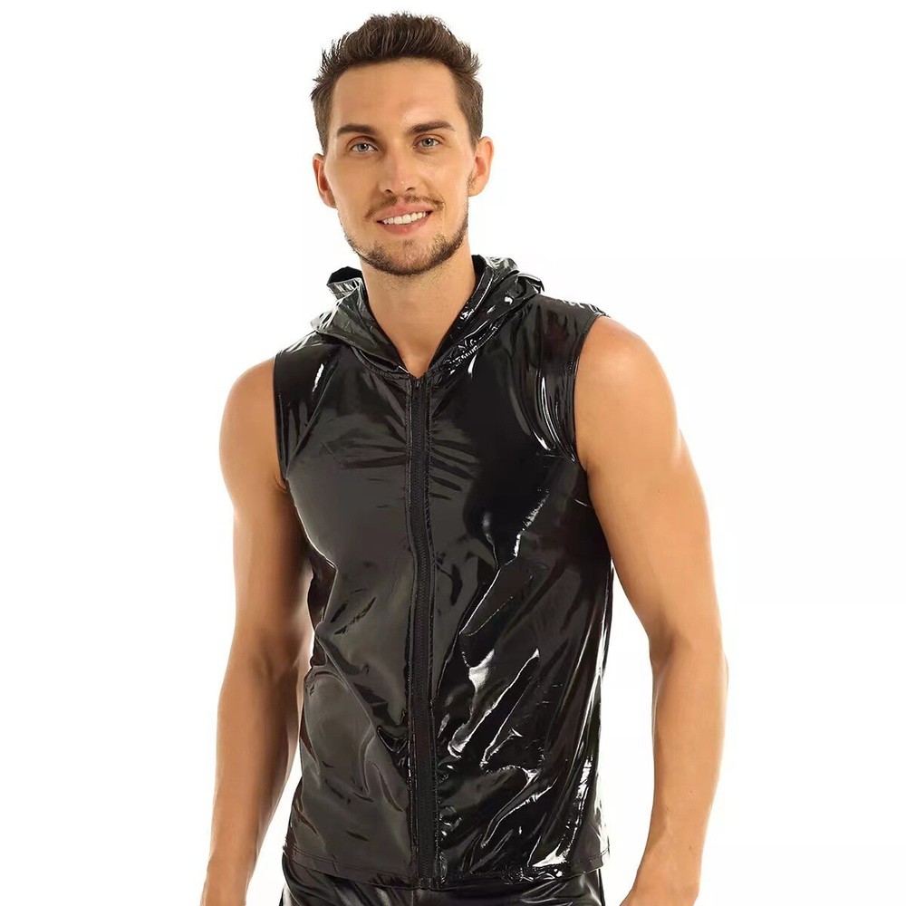 Men’s Shiny Clubwear PVC Leather Wet Look Zipper Tank Tops Hooded T-Shirts Vest