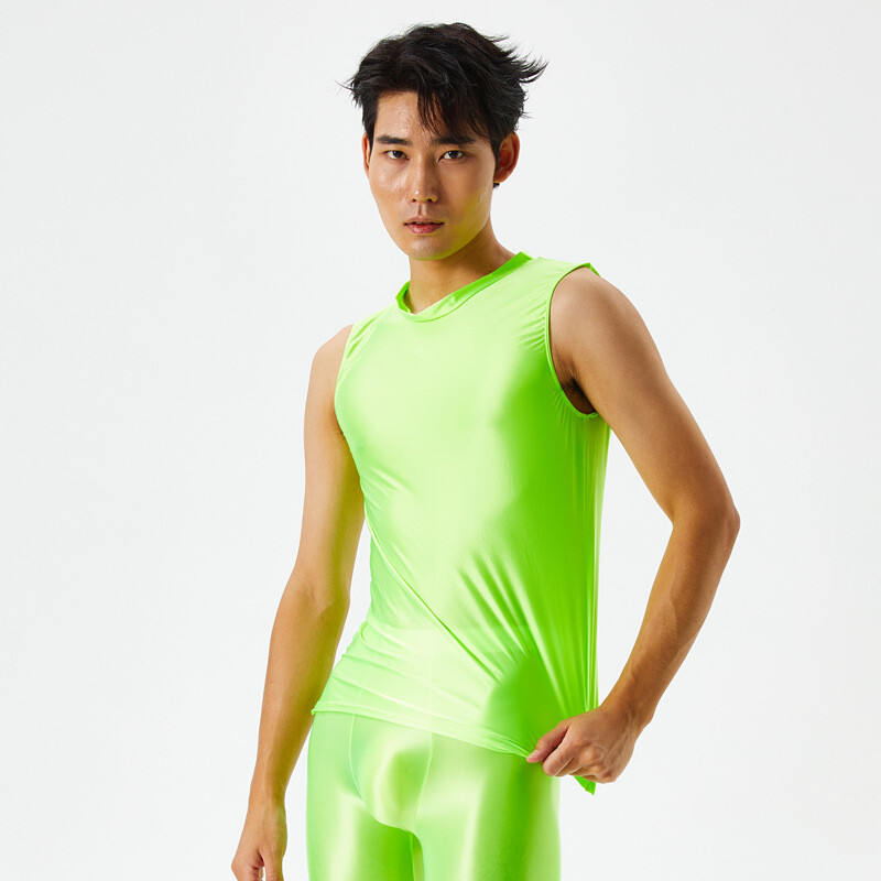 Men’s Sexy Oil Shiny Glossy Sports Muscle T-shirt Slim Elastic Tank Tops Vest