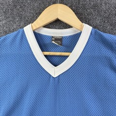 VTG 70s Nylon Mesh Flock Printed V Neck Jersey Mens M Blue Baseball Football