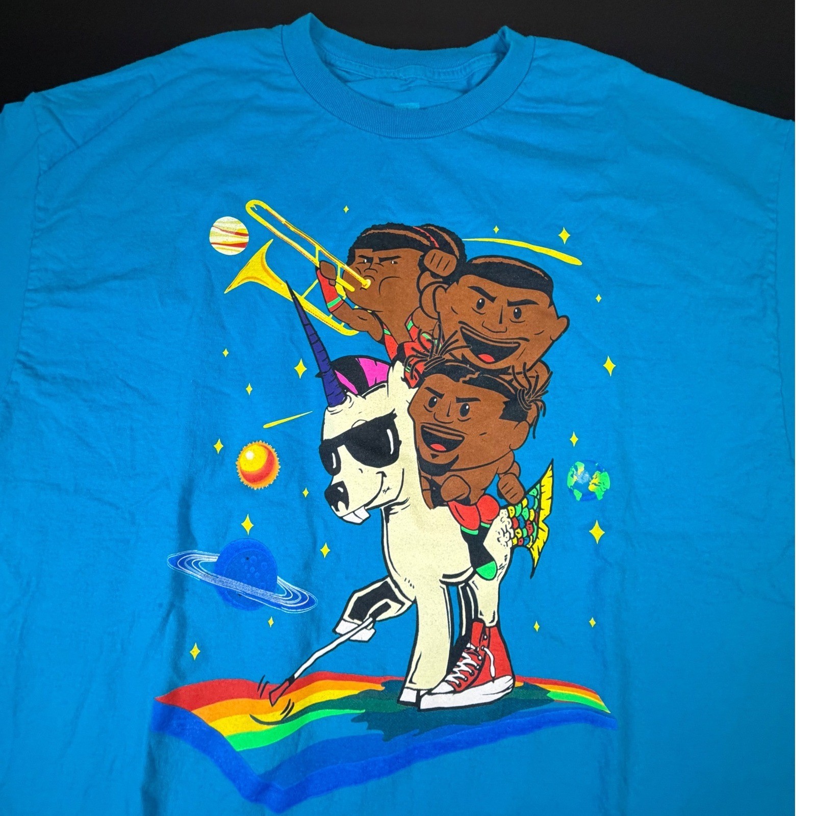 WWE The New Day Unicorn Rainbow Space Graphic T-Shirt Blue XXL Mens Wrestling K3