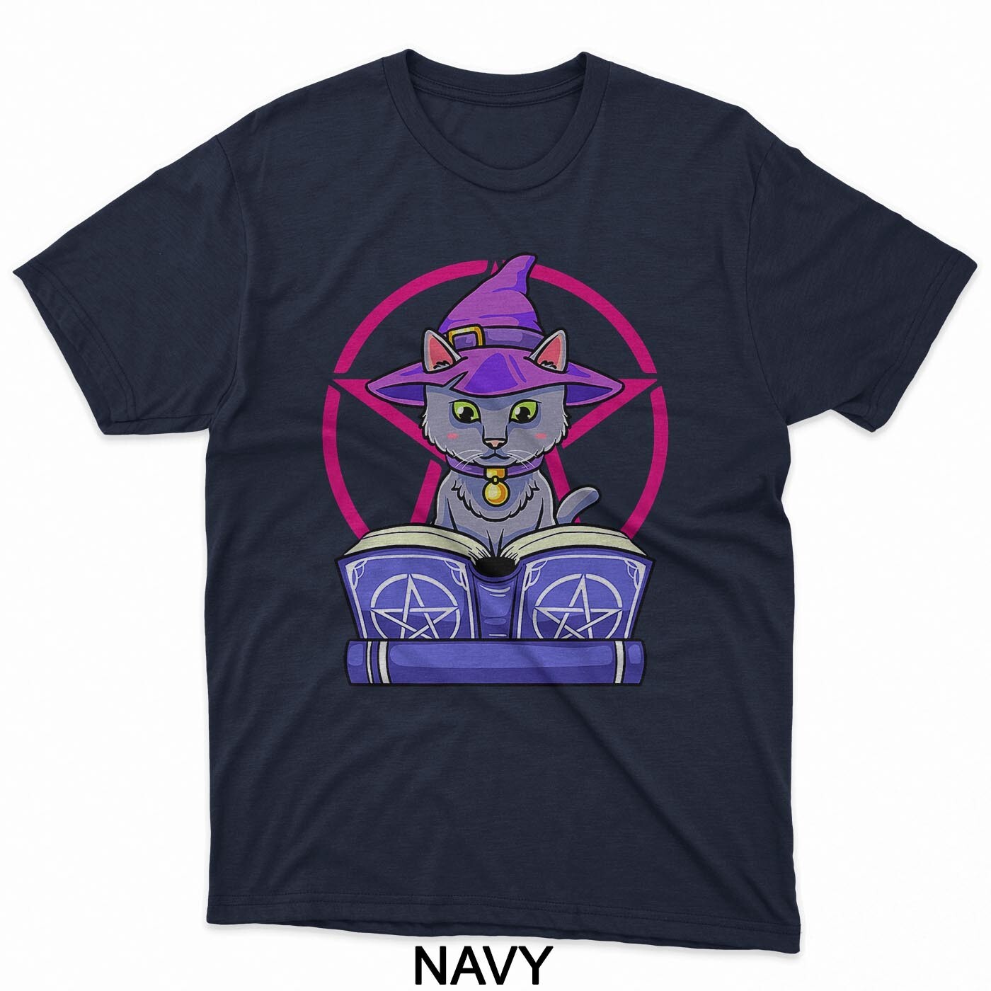 Witch Cat Spell Book Occult Pentagram Magic Familiar T-Shirt gallery