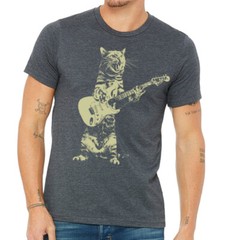 Cat playing guitar, men’s heather navy premium quality tee t shirt