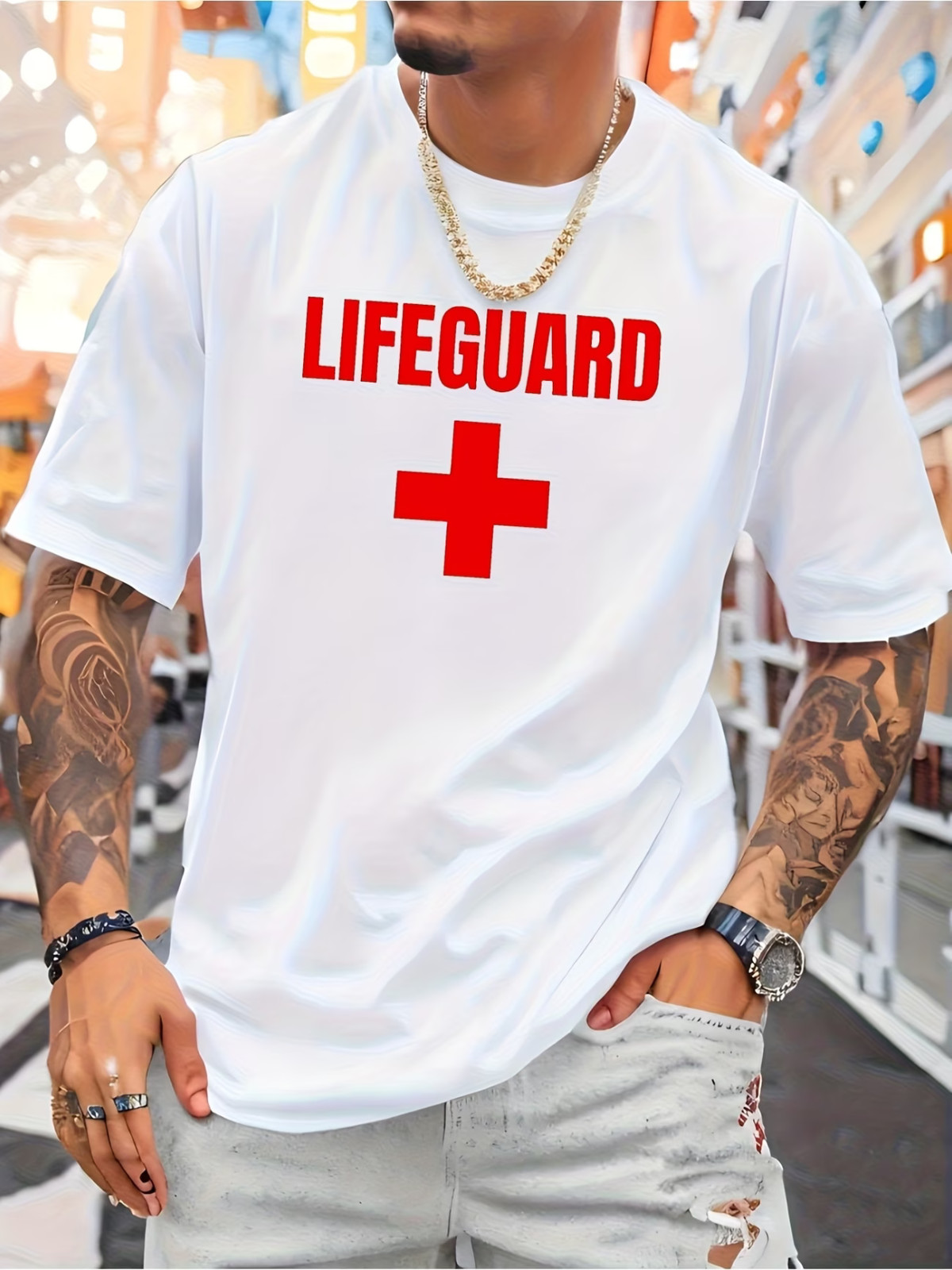 Mens Cotton Lifeguard Graphic Tee – Casual Crew Neck Short Sleeve Stretch Fit