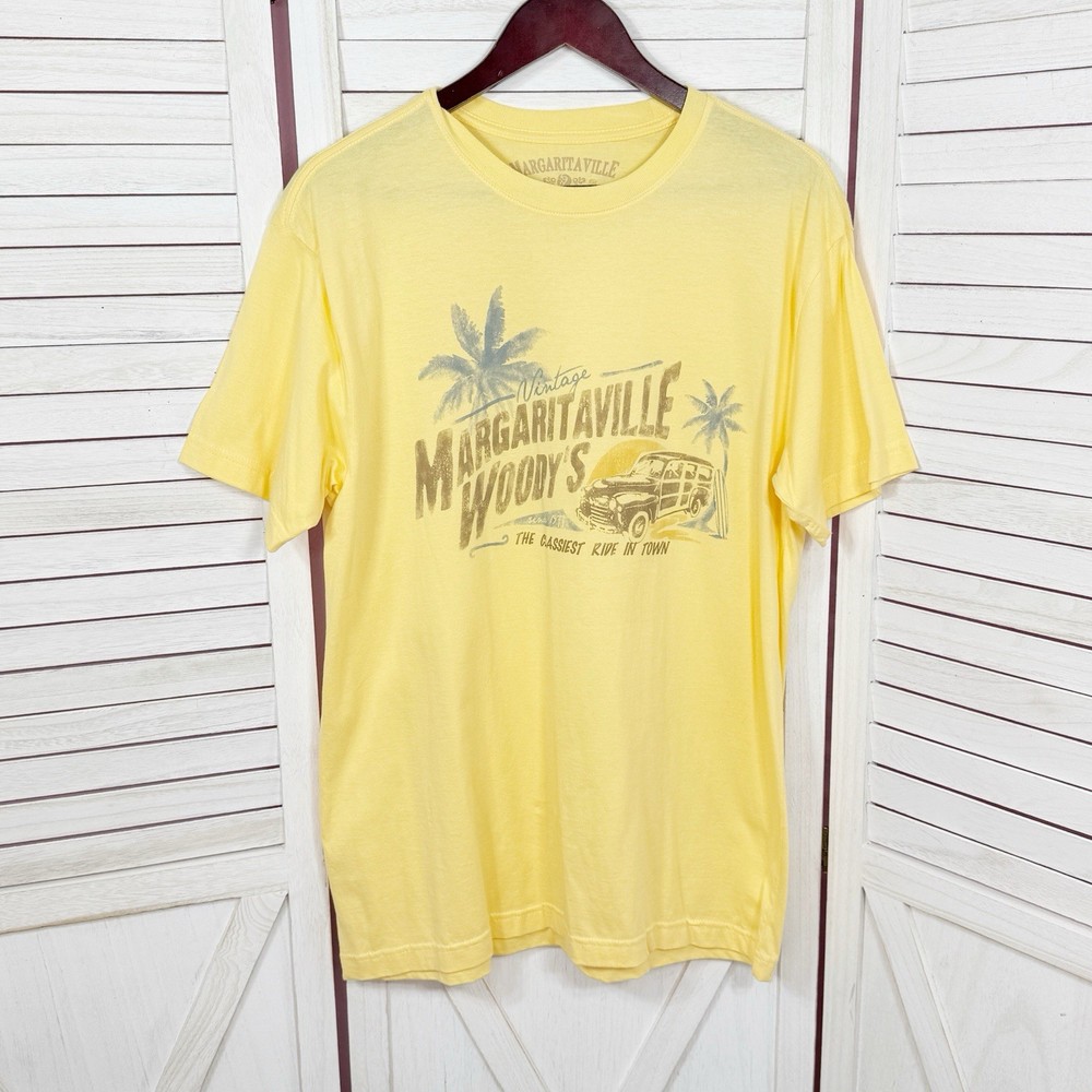 Margaritaville Tee Shirt Men’s Large Pale Yellow Tropical Woody Wagon Cotton