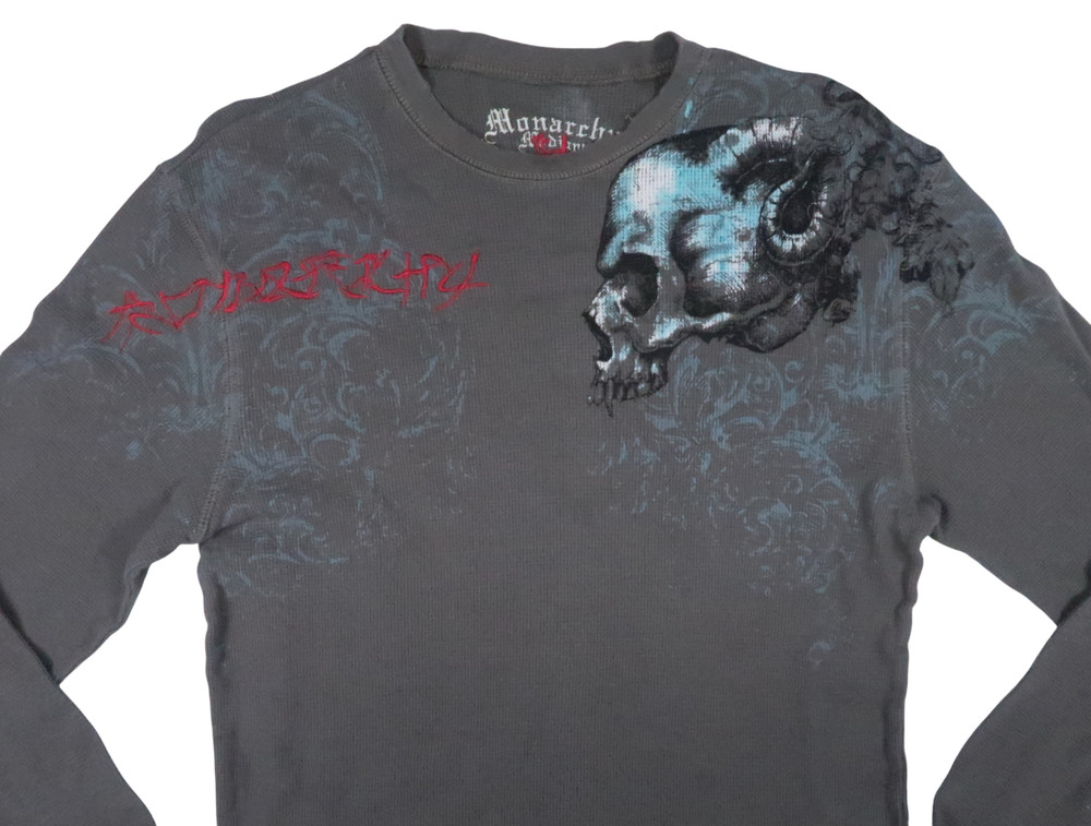 MONARCHY affliction vintage y2k thermal henley crew mens medium shirt waffle ls