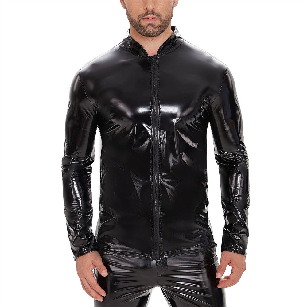 Men Long Sleeve T-shirts Wet Look PVC Leather Tops Slim-fit Zipper Jacket Shirts