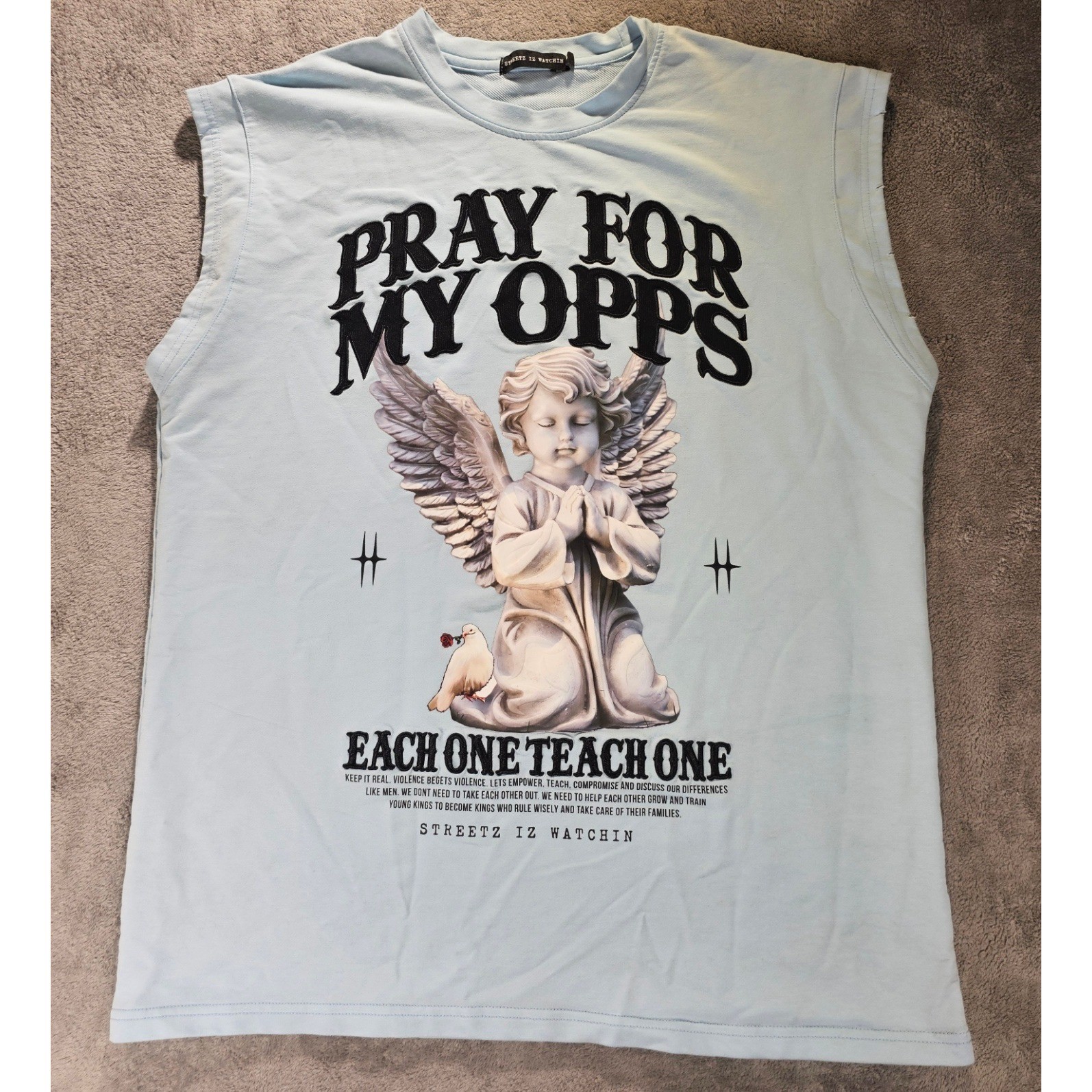 Streetz Iz Watchin Pray For My Opps Angel Muscle Tee Light Blue Small gallery