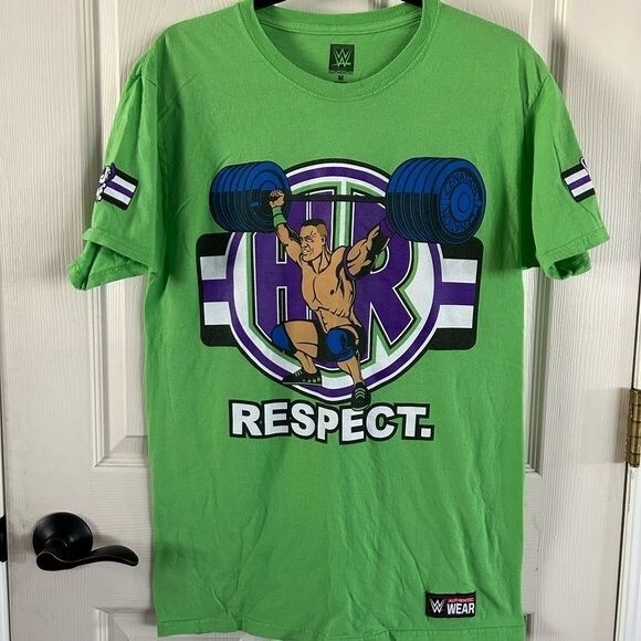 WWE Wrestling Authentic Respect Lime Green Never Give Up Graphic T-Shirt Sz Med gallery