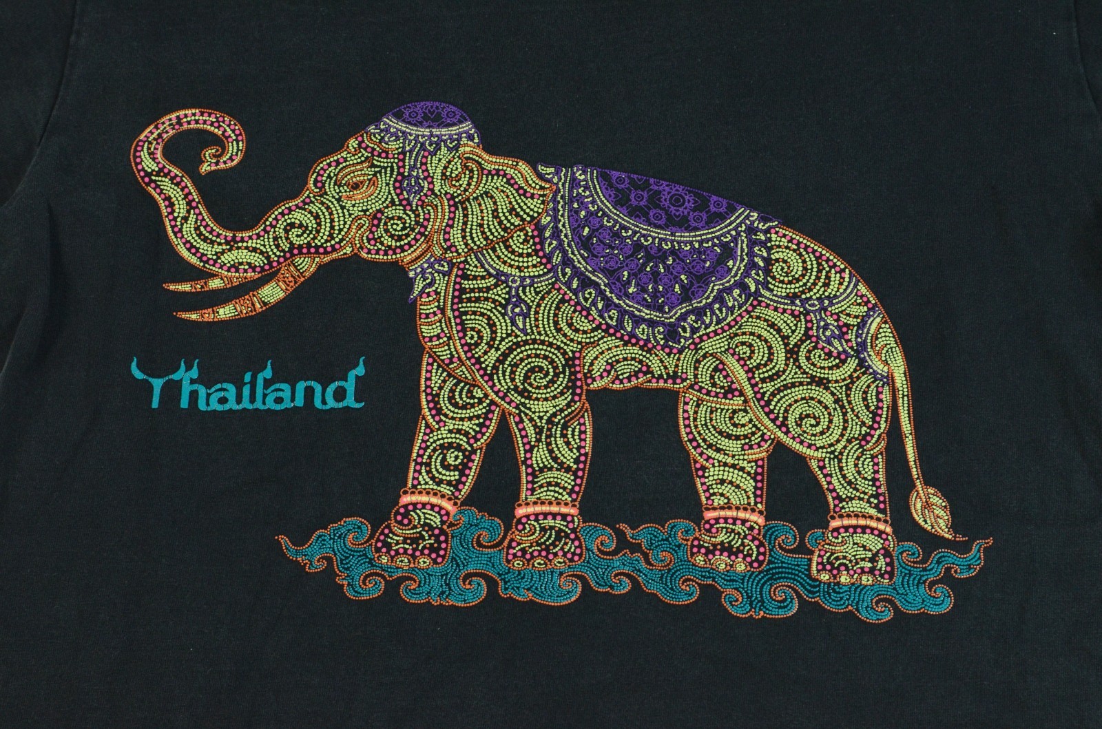 Vintage Thai Thailand Elephant Double Sided 90's Medium Black Shirt "Beaded Art" gallery