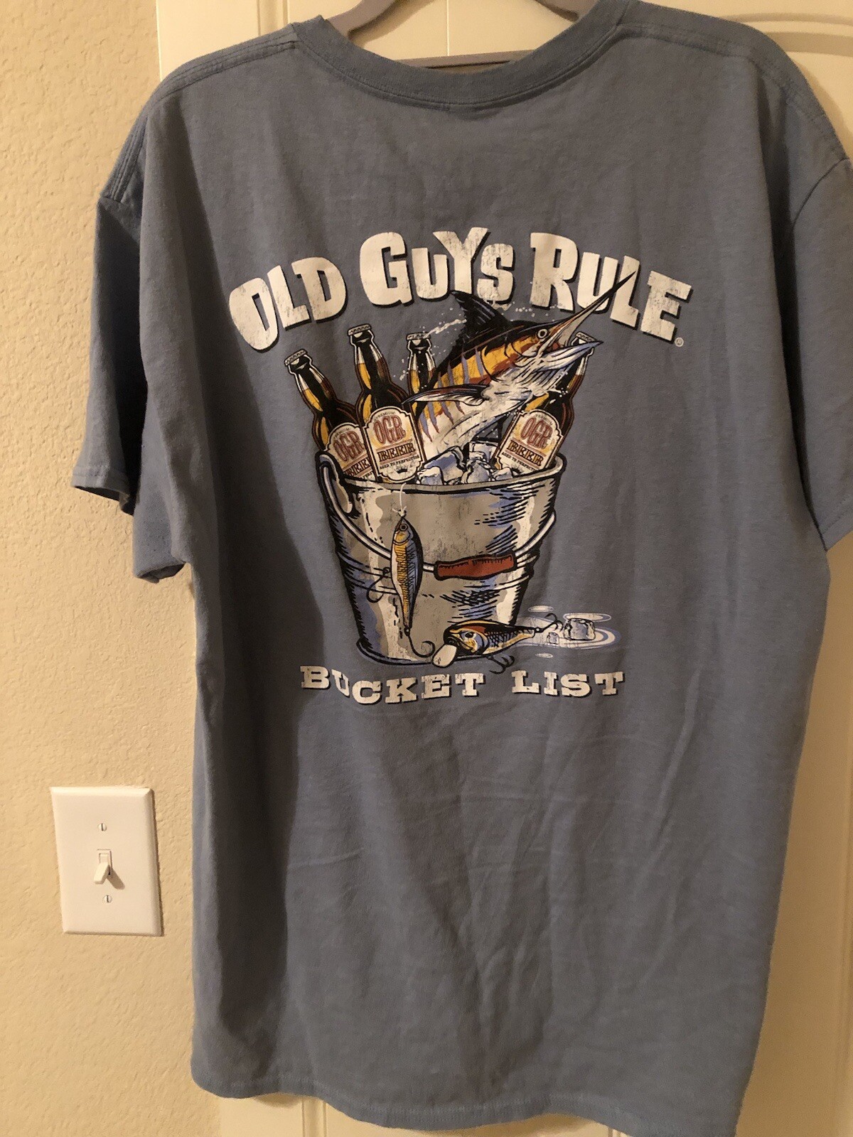 Old Guys Rule Fisherman Bucket List Light Blue T Shirt Large Cotton Graphic Tee gallery